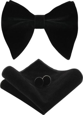 Alizeal Mens Pre-Tied Velvet Oversized Bow Tie, Hanky and Cufflinks Set Classic Formal Solid Color Bowtie Set, Black