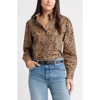 Caslon Ruffle Puff Sleeve Cotton Button-Up Shirt in Tan Tannin Jackie Leopard at Nordstrom Rack, Size Small