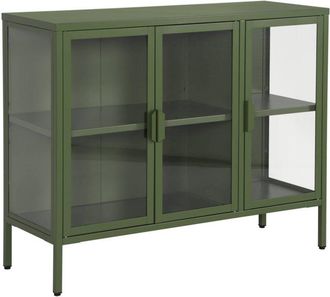 Sweeek Industrial metal and tempered glass sideboard with 3 doors 100cm, Arkansas, Green, 100x35x80 cm