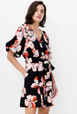 French Connection Womens Black Floral Puff Sleeve Tie Waist Mini Dress - Size 16 UK