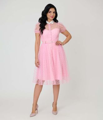 Unique Vintage 1950s Short Sleeve Collared Hollie Swing Dress in Pink Daisy Print at Nordstrom, Size X-Large