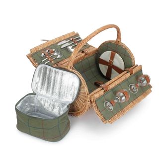 Red Hamper Wicker 2 Person Green Tweed Barrel Picnic Basket