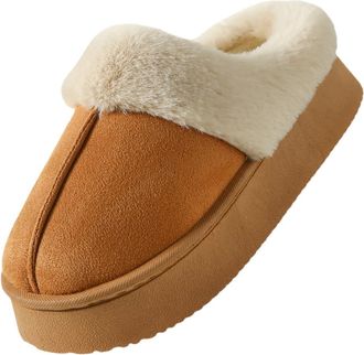 Generic Womens Fuzzy Platform Scuff Slippers, Non-Slip Slip-On Winter Suede House Shoes, Warm Plush Fur Lined Memory Foam Indoor Outdoor Comfy Slippers,Brown,