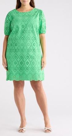 London Times Puff Sleeve Embroidered Shift Dress in Vibrant Green at Nordstrom Rack, Size 14W