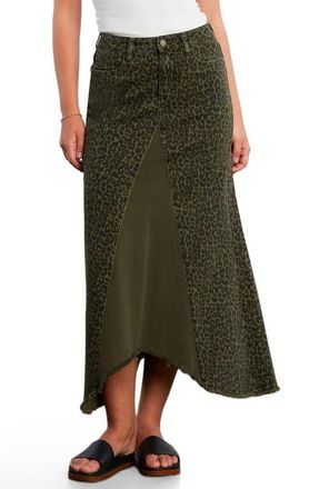 Wash Lab Denim Leopard Print Pieced Denim Midi Skirt in Green Leopard at Nordstrom, Size 25