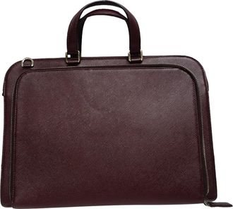 Prada Pre-owned Mens Logo-Plaque Briefcase in Burgundy Saffiano Leather Calf Leather - One Size