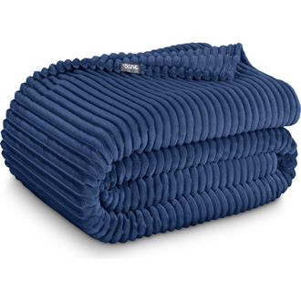 Bare Home Ribbed Microplush Fleece Throw Blanket in Dark Blue at Nordstrom