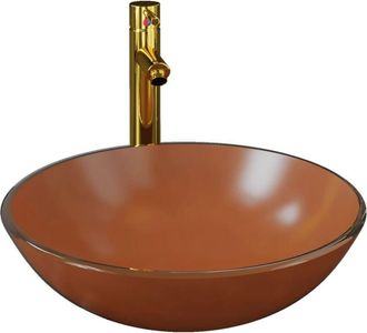 vidaXL Lavabo de baño grifo y desagüe de empuje vidrio templado marrón vidaXL