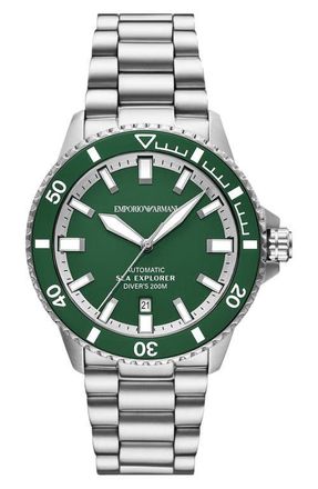 Emporio Armani Sea Explorer Bracelet Strap Automatic Diving Watch, 42.5mm in Silver at Nordstrom