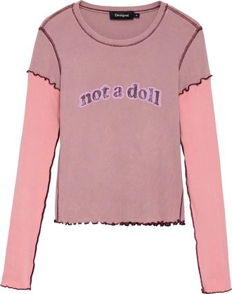Desigual Not a Doll Graphic Long Sleeve Stretch Cotton Top in Pink at Nordstrom, Size X-Large