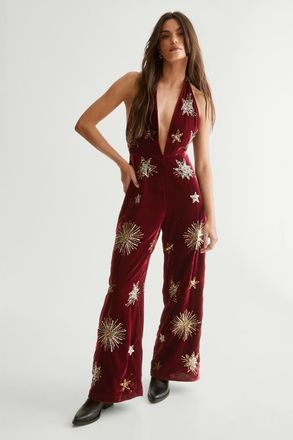 NASTY GAL Star Embellished Velvet Halter Jumpsuit in Wine at Nordstrom, Size 12