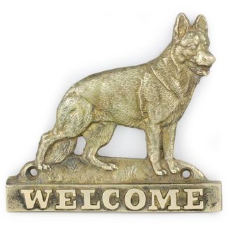 OEM Pastor Alem&aacute;n, Alsaciano: Placa De Bienvenida De Lat&oacute;n Con Un Perro, Placa De Bienvenida &Uacute;nica Con La Palabra Welcome De Art-dog