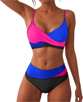 Generic High Waisted Bikini Set Tummy Control Womens Sexy Bikini Sets Halter Neck Padded Bikini Push Up V-Neck Colour-Blocked High Waist Front Cross Halternec