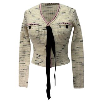 Self Portrait Bow Detail Cardigan in White Cotton