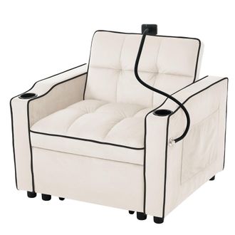 STILVORA Sill&oacute;n Cama Convertible 1 Plaza 3 En 1 Con Respaldo Reclinable, Portavasos Y Soporte M&oacute;vil En Terciopelo Beige