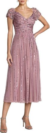 Mac Duggal Beaded Sequin V Neck Cap Sleeve Midi Dress in Vintage Lilac at Nordstrom, Size 10
