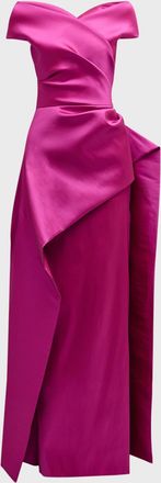 Teri Jon Pleated Off-Shoulder Peplum Gown
