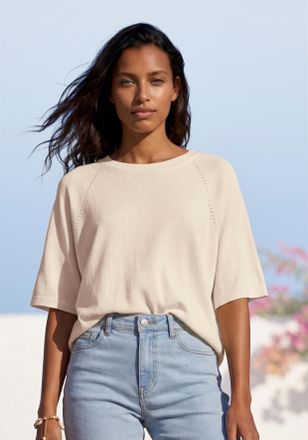 Vivance Kurzarmshirt VIVANCE mit Lochstrickmuster, Damen, Gr. 32/34, gelb, Feinstrick, Obermaterial: 85% Viskose (LENZING ECOVERO), 15% Polyester, unifarben, 