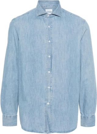 Brunello Cucinelli Lichtblauwe Denim Overhemd met gespreide kraag - Heren - Spijkeroverhemden - Blauw - M - Denim - Overhemden