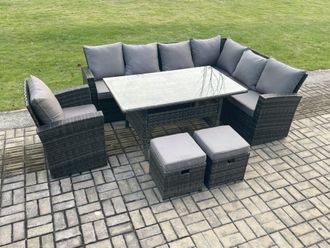 Fimous 9 Seater Garden Rattan Furniture Corner Sofa Dining Table Set with 2 Small Footstools Armchair Indoor Outdoor in Dark Grey