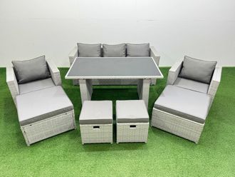 Fimous Patio Garden Furniture Set with Black Glass Top Dining Table Armchair in Light Grey