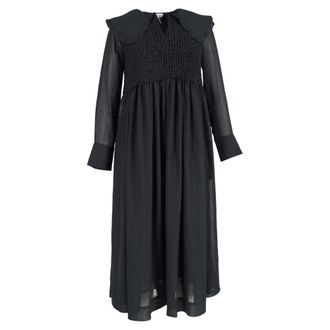 Ganni Ganni Smocked Bodice Midi Long Sleeve Dress in Black Polyester