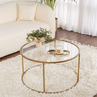 Dmora Mesa De Sal&oacute;n Moena, Redonda, Cristal Transparente, 80x80x43h Cm, Dorado