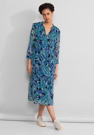 Street One Chiffonkleid STREET ONE, Damen, Gr. 36, N-Gr, blau (intense aqua), Chiffon, Obermaterial: 100% Polyester, gemustert, loose fit Midi, V-Ausschnitt, B&uuml;n