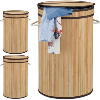 Relaxdays Relaxdays 3x Bamboo Laundry Baskets, Round Hamper with Folding Lid, 65 l, Foldable Bin with Ventilation, Ø 40cm, Natural