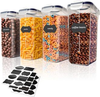 OEM 4 Recipientes De Pl&aacute;stico Herm&eacute;ticos De 4 Litros, Libres De Bpa, + 24 Etiquetas, Para Almacenar Cereales, Harina, Pasta Y Alimentos Secos