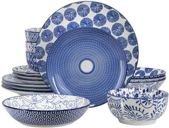 Elama Aurora 16 Piece Assorted Porcelain Double Bowl Dinnerware Set in Blue at Nordstrom
