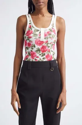 Chlo&eacute; Roses Print Rib Henley Tank in White - Pink at Nordstrom, Size Medium