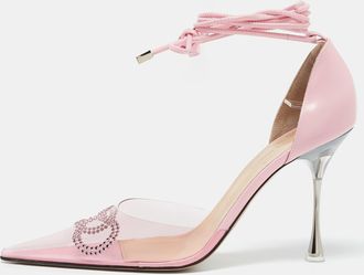 Mach & Mach Pink Leather And Pvc Crystal Embellished Bow Ankle Wrap Sandals