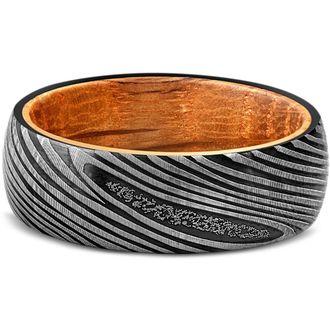 Pompeii3 Mens Tungsten & Whiskey Barrell 8mm Ring Damascus Pattern Wedding Band