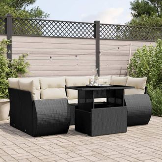 vidaXL Set De Sof&aacute;s De Jard&iacute;n 7 Pzas Con Cojines Rat&aacute;n Sint&eacute;tico Negro Vidaxl