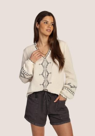 Dylan Isabelle V-Neck Tunic In Vintage White With Black Embroidery