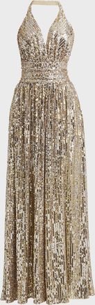 Dolce & Gabbana Sequined Halter Thigh-Slit Gown