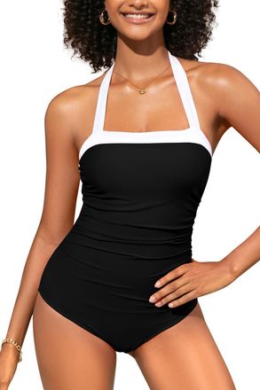 SHEKINI Tummy Control One Piece Swimsuit for Women Retro Halter Swimwear Modest Swimming Costume Vintage Bathing Suit Padded Plus Size Black