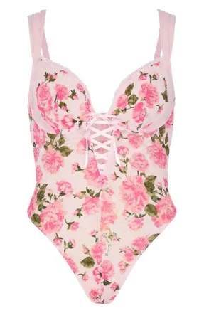 Savage x Fenty Sinful Rose Lace Teddy in Sweet Pink Rosy Passions Print at Nordstrom, Size X-Small