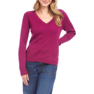 Karen Kane Rib V-Neck Sweater in Magenta Pink at Nordstrom, Size X-Large