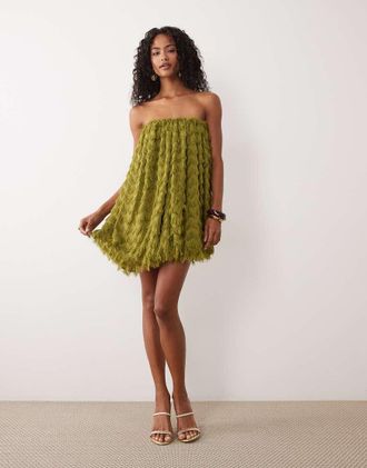 Asos mini dress bandeau con texture ondulata e effetto bubble in verde oliva-Multi