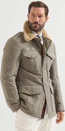 Brunello Cucinelli Waxed techno cotton safari jacket with Thermore padding, nappa leather inserts and shearling collar in Medium Grey at Nordstrom