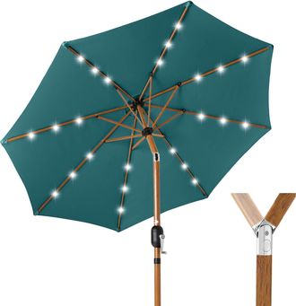 Best Choice Products 10ft Solar LED Lighted Outdoor Woodgrain Pattern Steel Market Patio Umbrella