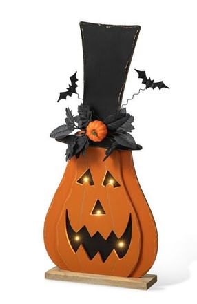 Glitzhome Halloween Lighted Wooden Jack-O-Lantern Porch Decor with Floral & Timer in Orange at Nordstrom, Size Medium