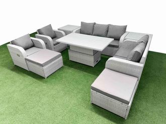 Fimous PE Rattan Garden Furniture Set Reclining Chair Sofa Double Love Seat 2 Seater Sofa Lounge Set Adjustable Lifting Dining or Coffee Table 2 Big