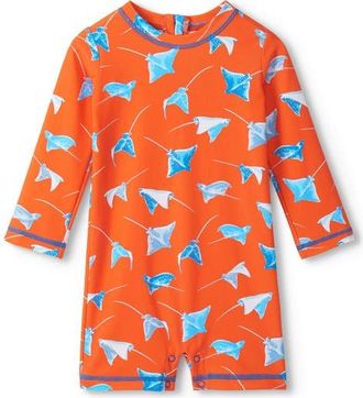 Hatley Sting Rays Long Sleeve One-Piece Rashguard Swimsuit in Carrot at Nordstrom, Size 12-18M