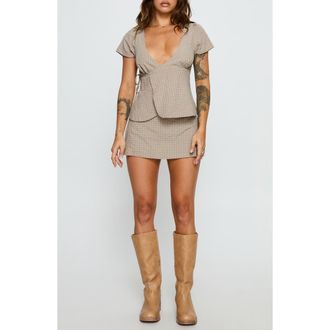 Princess Polly Emmilou Check Cotton Wrap Top & Micro Miniskort Set in Brown Check at Nordstrom, Size 10