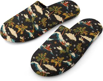 Generic Vintage Santa Surfing Hawaii Palm Trees Warm Mens Slippers Slip On Soft Fleece House Shoes Winter Indoor Outdoor
