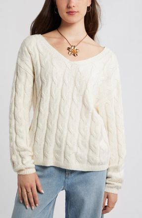 BP. Cable Knit V-Neck Cotton Blend Sweater in Ivory Antique at Nordstrom, Size Xx-Small