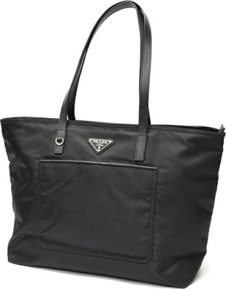 Prada Black Nylon Saffiano Triangle Leather Tote Bag (Pre-Owned)